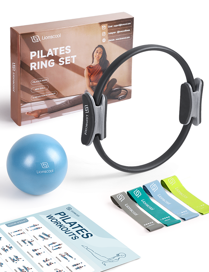LIONSCOOL Pilates Ring Set - Premium Anti-Deformation 14”Magic Circle with Dual Padded Handles - Includes Burst Resistant Pilates Mini Ball & Highly Elastic Resistance Bands & Workout Guide & Bag LIONSCOOL