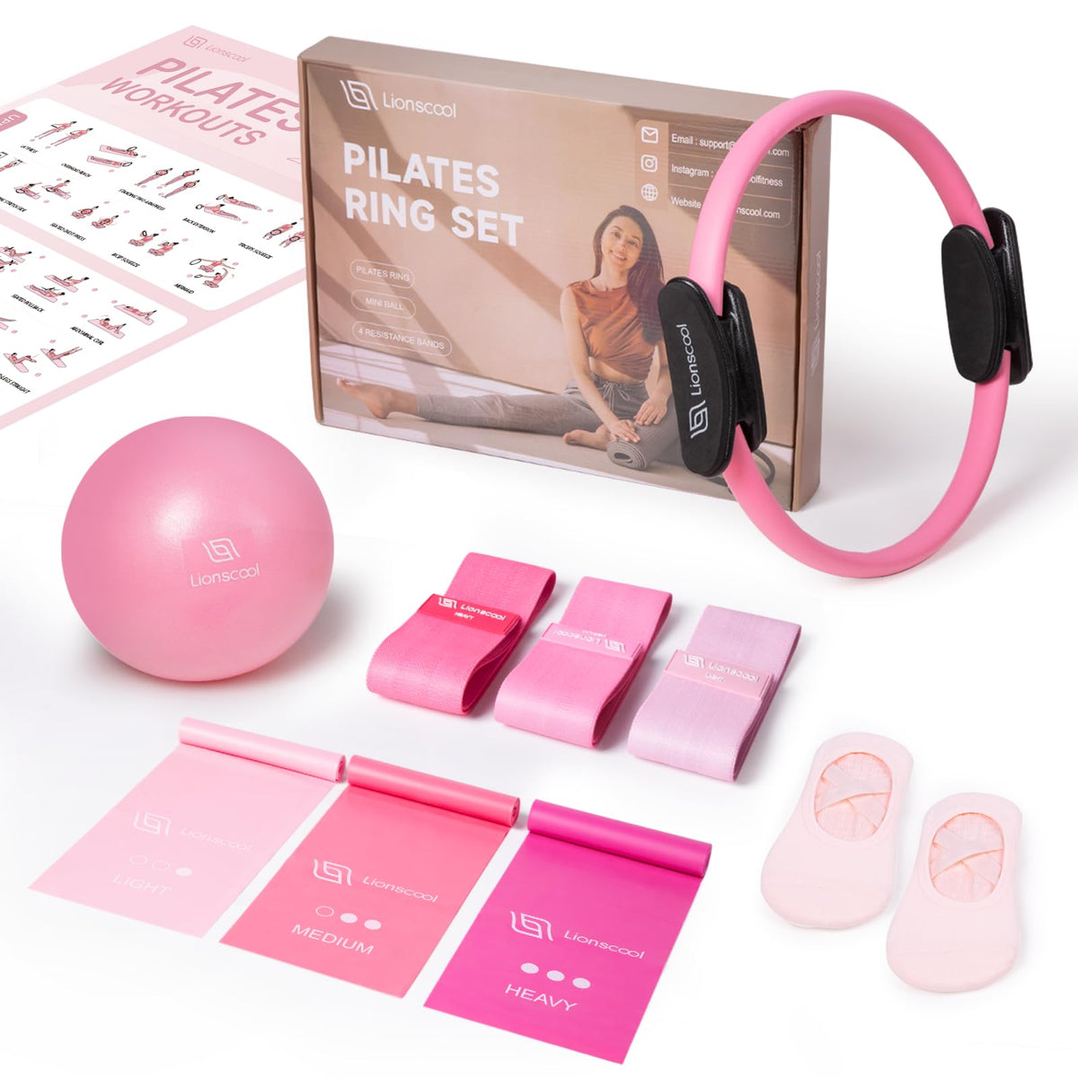 LIONSCOOL Pilates Ring Set 14" Magic Circle, 9" Mini Ball, Resistance Bands