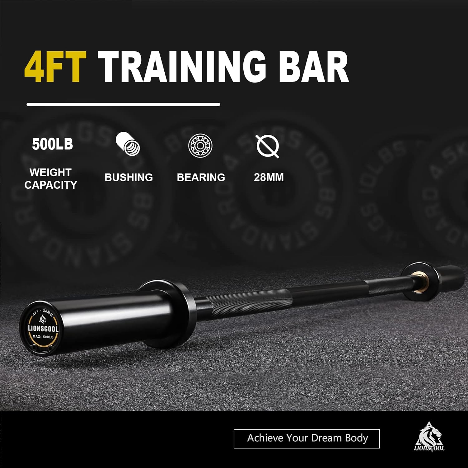LIONSCOOL Premium 4ft Barbell for Strength Training and Olympic Weightlifting, 2 Inch Bar for Squats, Curls, Deadlifts, Presses, Hip Thrusts, 500LBS Weight Capacity Available LIONSCOOL