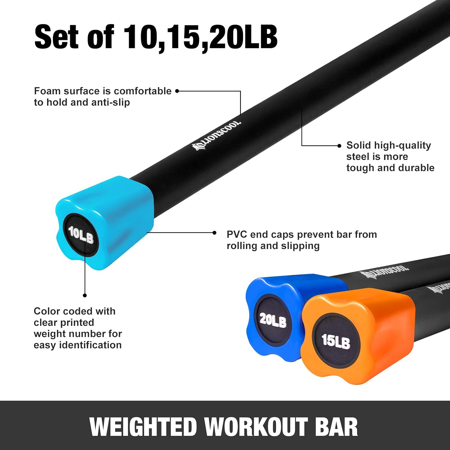 LIONSCOOL Workout Weighted Bar,Padded Exercise Weight Bar, Solid Steel Stretching weighted bar set for Body Sculpting, Physical Therapy,Body Toning(10+15+20LB) LIONSCOOL