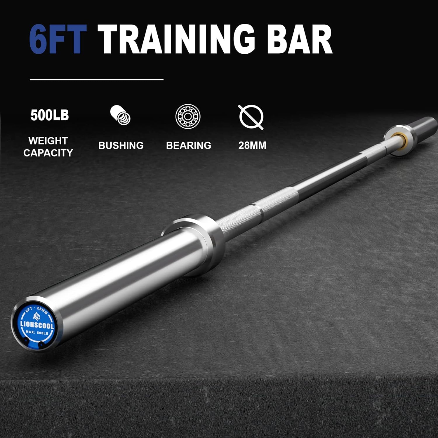 LIONSCOOL 6ft Olympic Barbell - 2 Inch Bar for Squats, 700LBS Weight Capacity LIONSCOOL