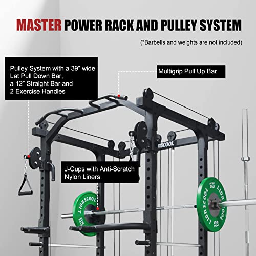 LIONSCOOL Master Power Rack and Pulley System, Equipped with 13 Accessories to Create Endless Possibilities for Your Home Gym, T-Bar Row Landmine and Dip Attachment Included, 1500LBS Rackable Capacity LIONSCOOL