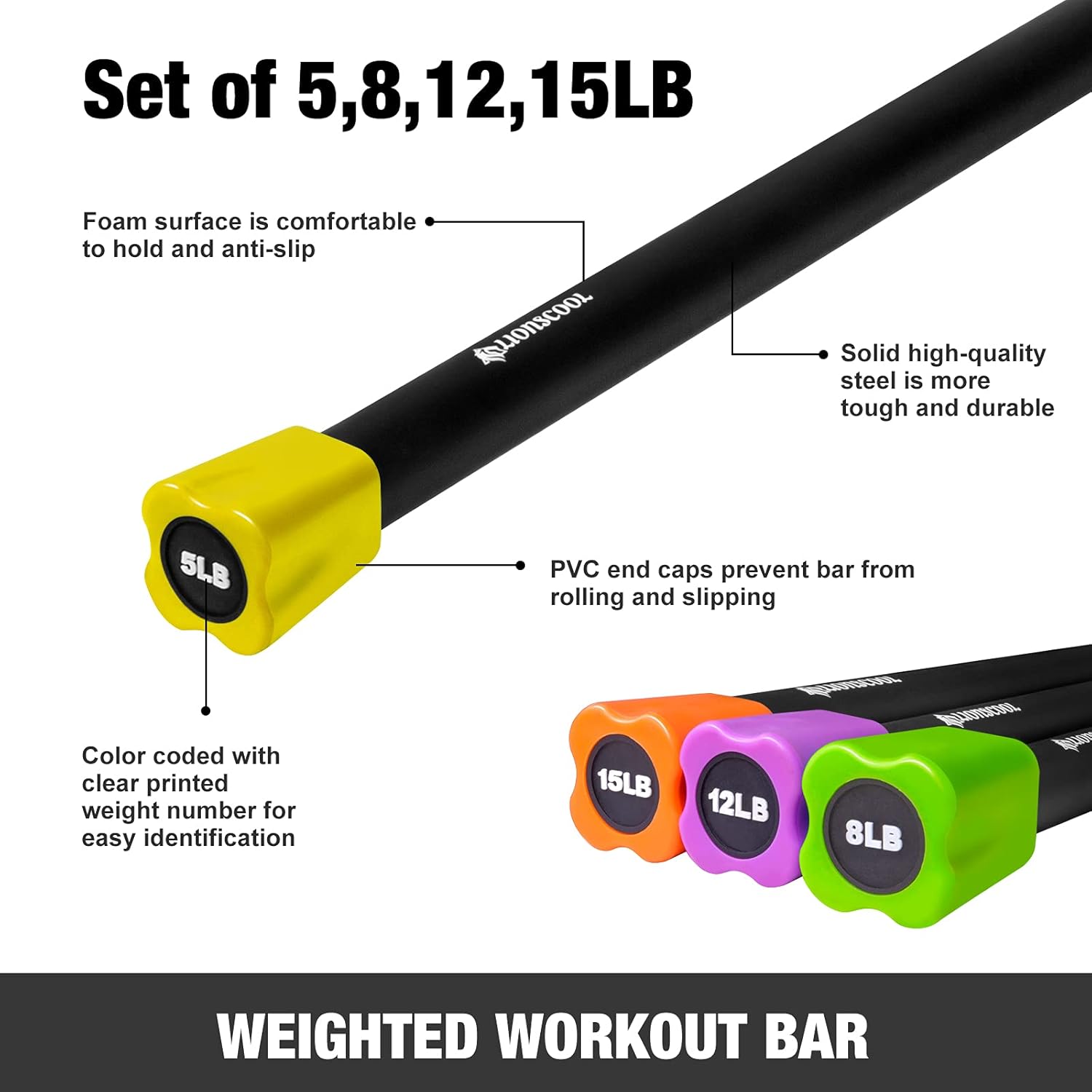 LIONSCOOL Workout Weighted Bar,Padded Exercise Weight Bar, Solid Steel Stretching weighted bar set for Body Sculpting, Physical Therapy,Body Toning(5+8+12+15LB)