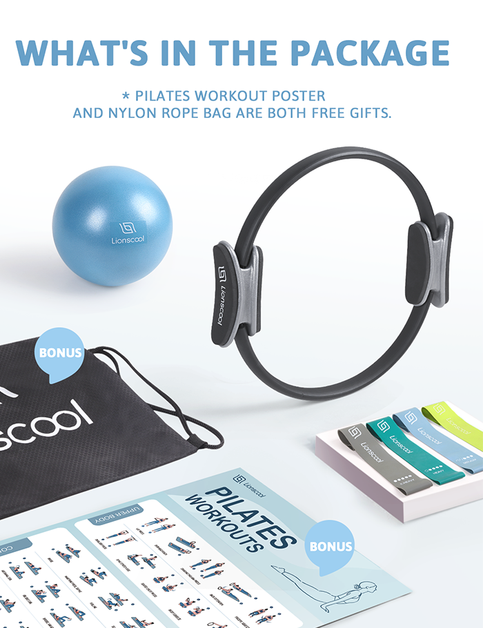 LIONSCOOL Pilates Ring Set - Premium Anti-Deformation 14”Magic Circle with Dual Padded Handles - Includes Burst Resistant Pilates Mini Ball & Highly Elastic Resistance Bands & Workout Guide & Bag