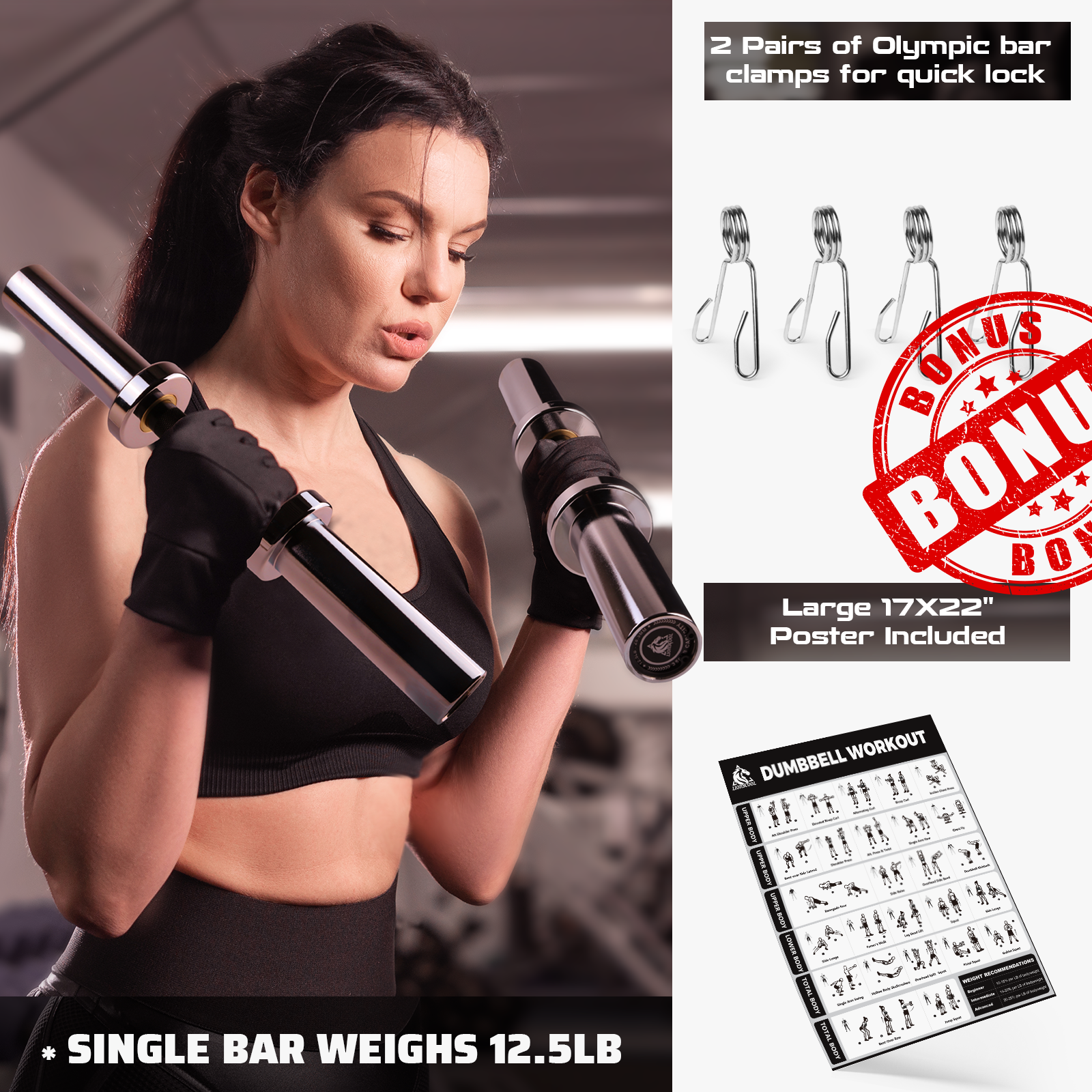 16"/20” Loadable Dumbbells Pairs in Commercial Grade, Heavy Duty Olympic Dumbbell Bar/Handle for Strength Training, Compatible with 2’’ Standard Plates