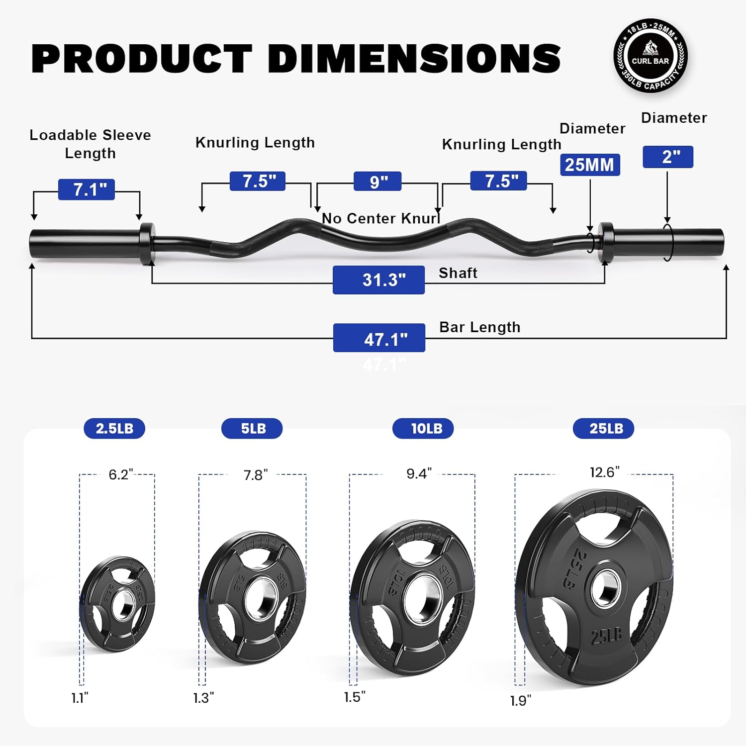 LIONSCOOL Curl bar for Strength Training and Olympic Weightlifting, 2 Inch Bar for Squats, Curls, Deadlifts, Presses, Hip Thrusts, 350LBS Weight Capacity Available(EZ Bar+85LB grip weight plates)