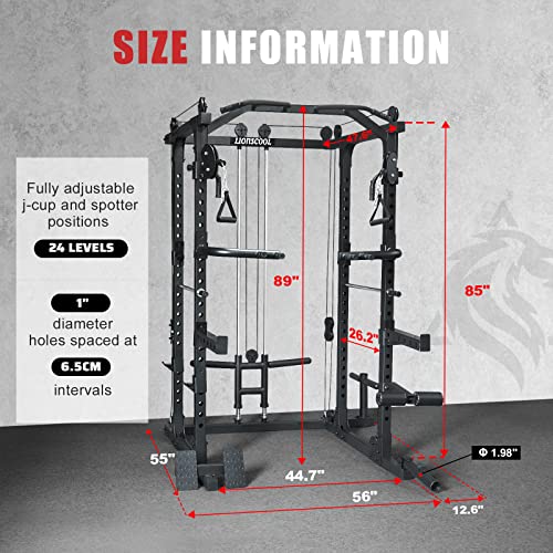 LIONSCOOL Master Power Rack and Pulley System, Equipped with 13 Accessories to Create Endless Possibilities for Your Home Gym, T-Bar Row Landmine and Dip Attachment Included, 1500LBS Rackable Capacity