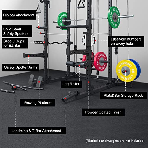 LIONSCOOL Master Power Rack and Pulley System, Equipped with 13 Accessories to Create Endless Possibilities for Your Home Gym, T-Bar Row Landmine and Dip Attachment Included, 1500LBS Rackable Capacity